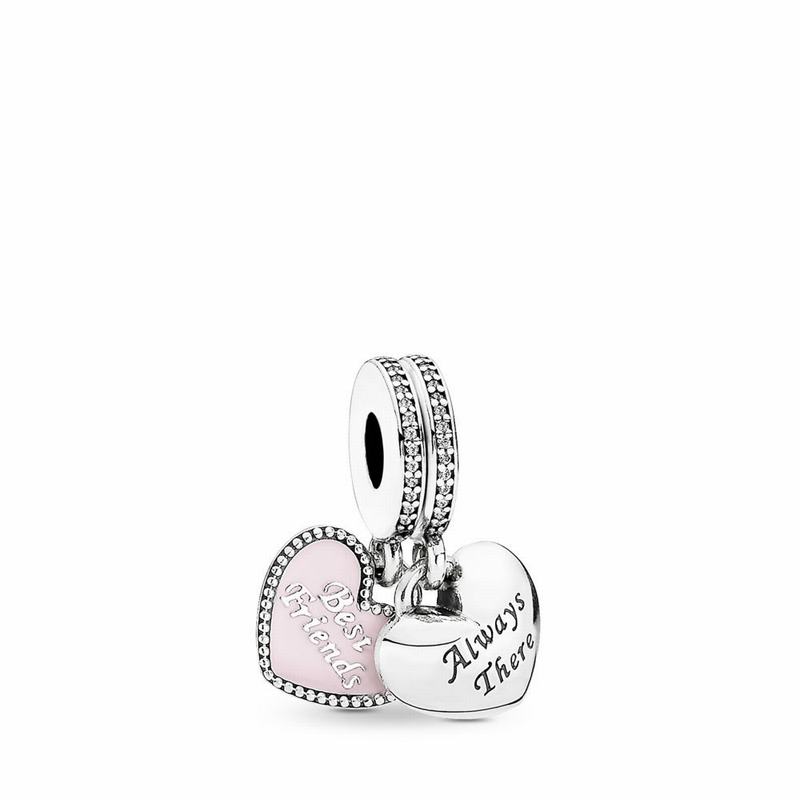 Pandora Best Friends Dangle Charm Ireland - Sterling Silver Oxidised/Enamel/Pink/Cubic Zirconia - 43